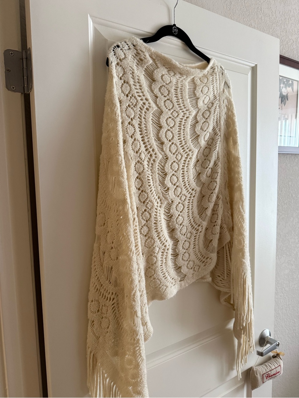 Do Everything In Love Cream Crochet Fringe Poncho Sweater! NWOT!
